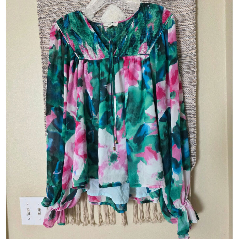 Entro Women's Floral Peasant Blouse Size S Green Pink Smocked Balloon Sleeve